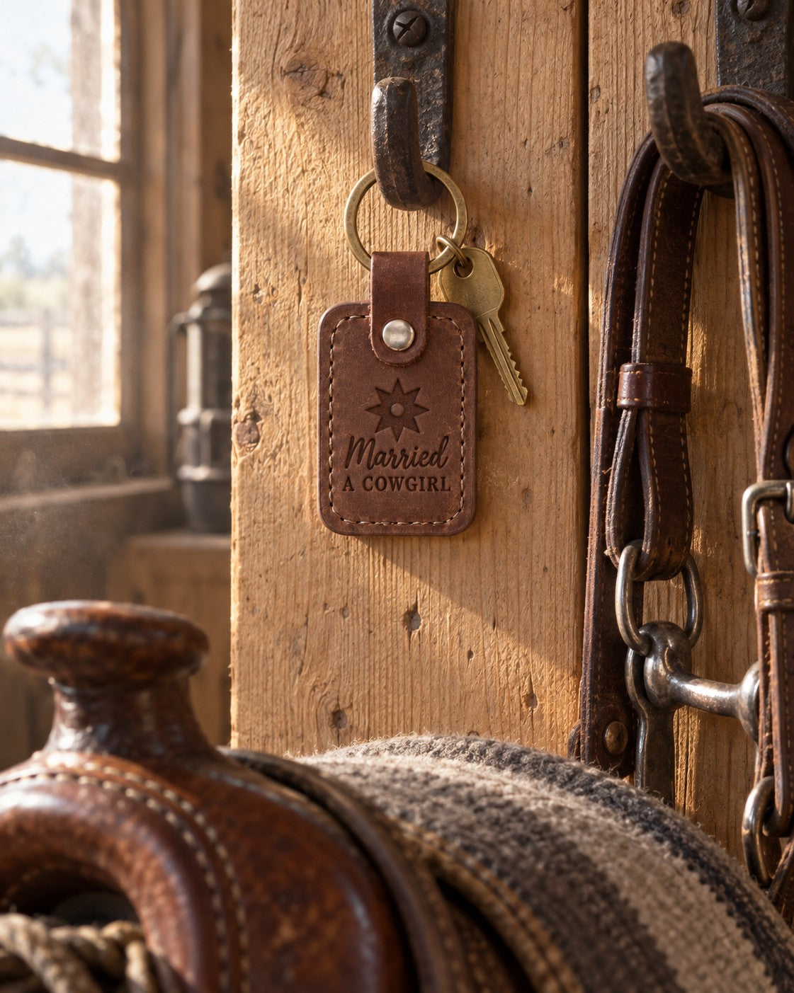 Sicilian brown Married A COWGIRL keychain hanging from an iron bridle hook in a tack room, a saddle soft on its rack below