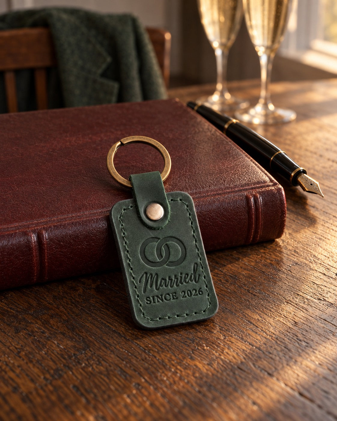 Married SINCE 2026 keychain in forest green leather on a dark oak table beside a closed register and a fountain pen