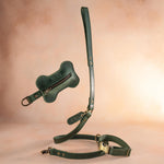Matching Forest Green leather leash, collar and bone-shaped poop-bag holder
