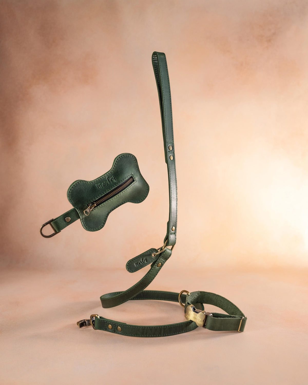 Matching Forest Green leather leash, collar and bone-shaped poop-bag holder