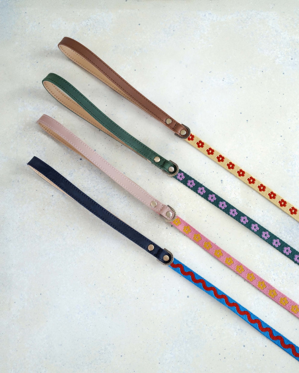 Matching thin 5/8 in webbing leashes in the four harness designs