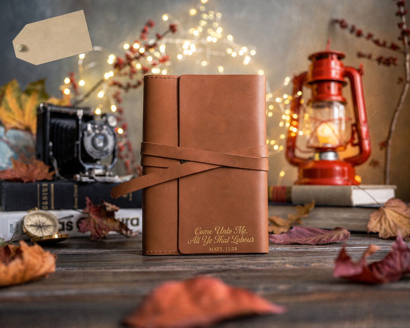 Come Unto Me, All Ye That Labour Matt. 11:28 Caramel handcrafted leather journal, Christian scripture gift