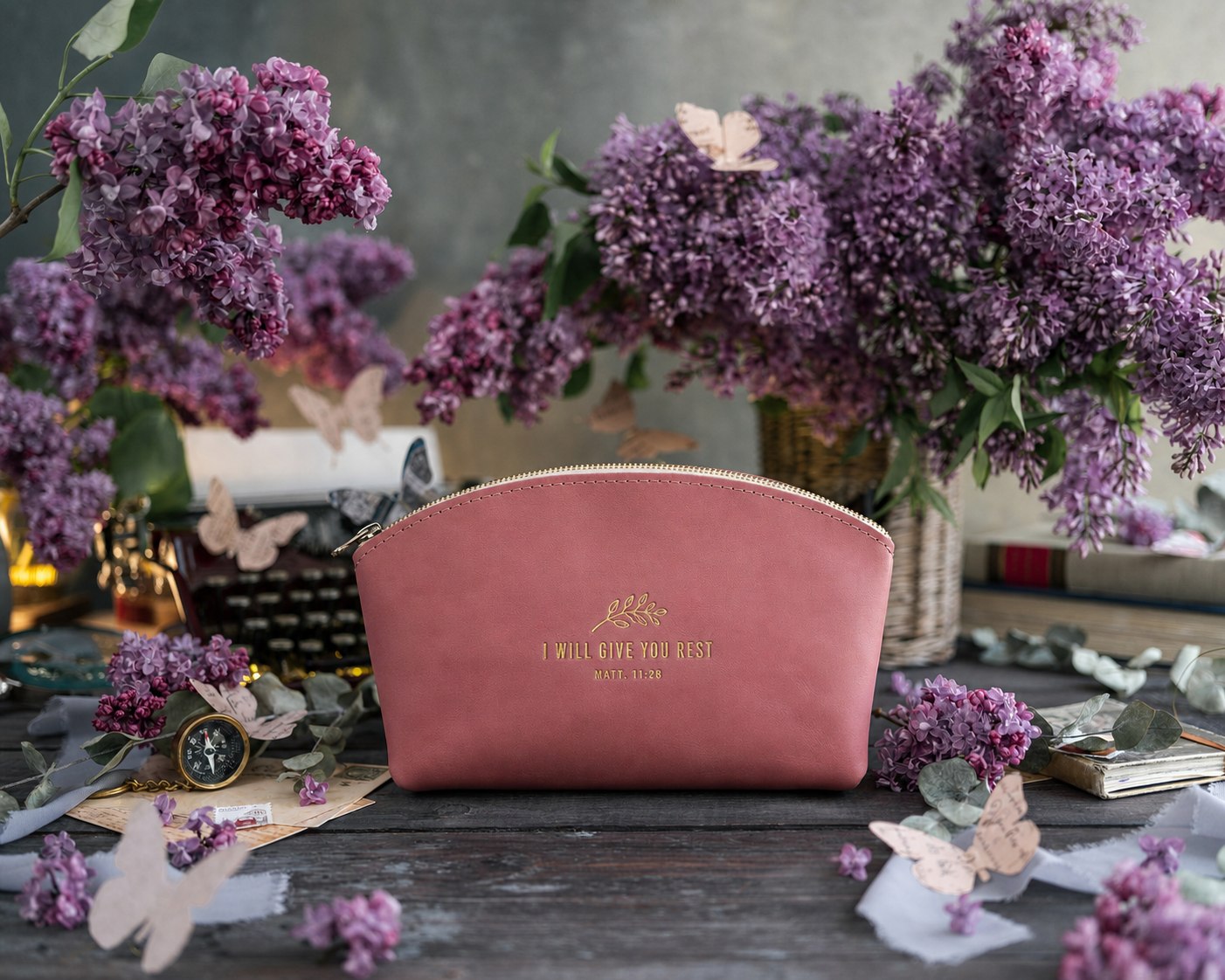 Come Unto Me, All Ye That Labour Matt. 11:28 Parisian Blossom full-grain leather makeup bag, Christian scripture gift