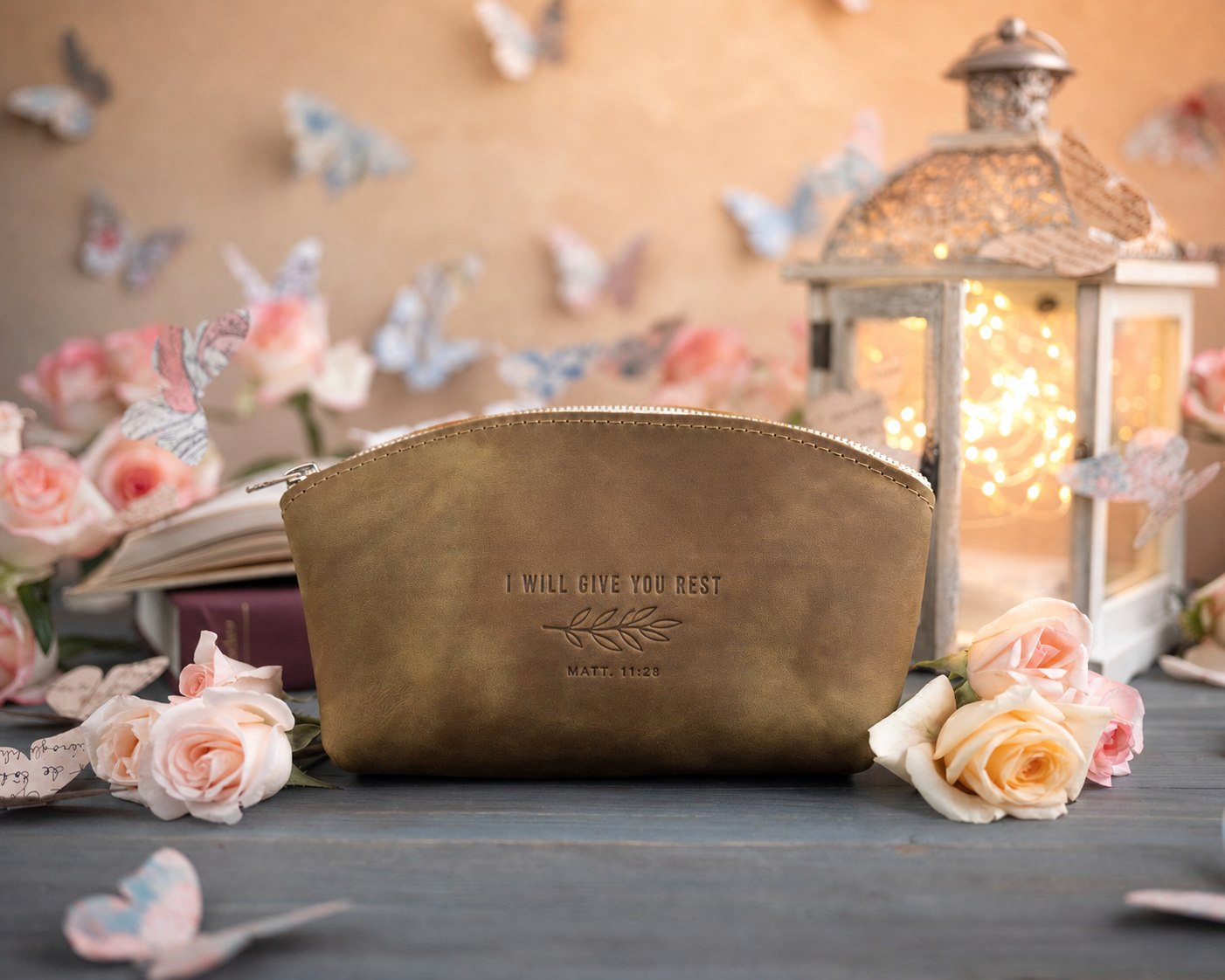 Come Unto Me, All Ye That Labour Matt. 11:28 full-grain leather makeup bag, Christian scripture gift