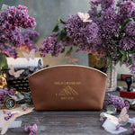 Faith As A Mustard Seed Matt. 17:20 Caramel full-grain leather makeup bag, Christian scripture gift