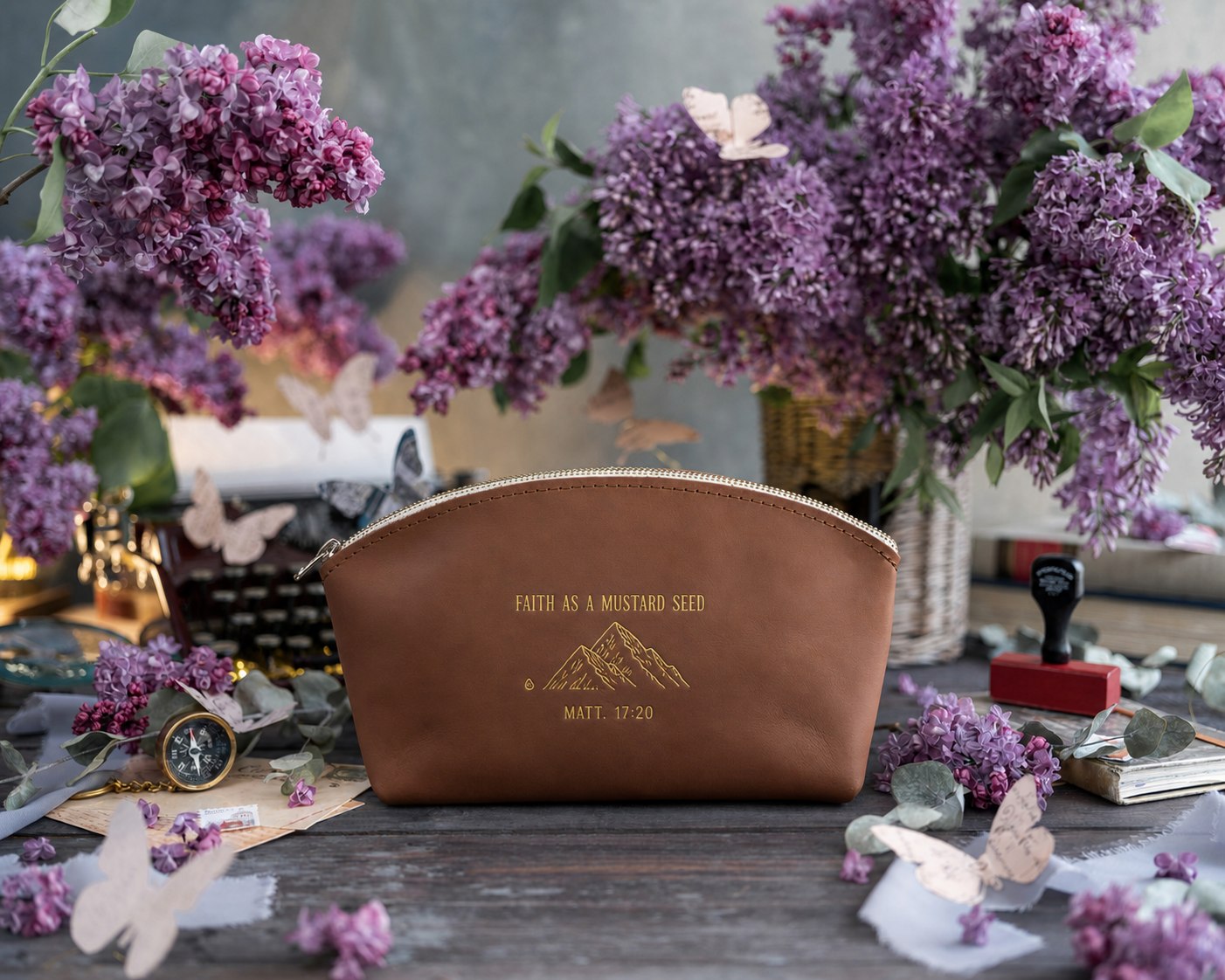 Faith As A Mustard Seed Matt. 17:20 Caramel full-grain leather makeup bag, Christian scripture gift