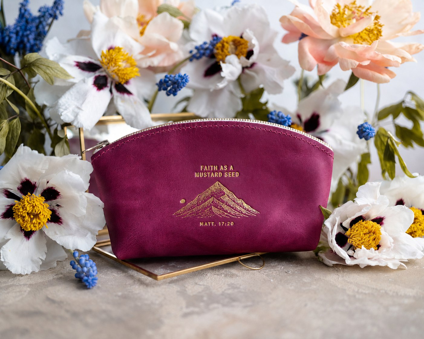 Faith As A Mustard Seed Matt. 17:20 full-grain leather makeup bag, Christian scripture gift