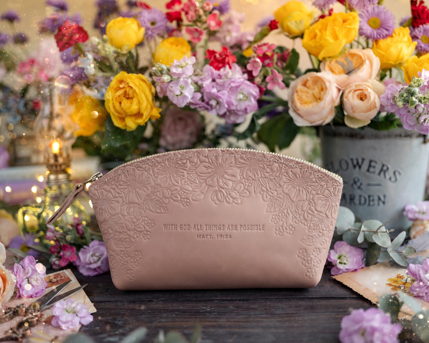With God All Things Are Possible Matt. 19:26 full-grain leather makeup bag, Christian scripture gift