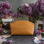 With God All Things Are Possible Matt. 19:26 Indian Summer full-grain leather makeup bag, Christian scripture gift