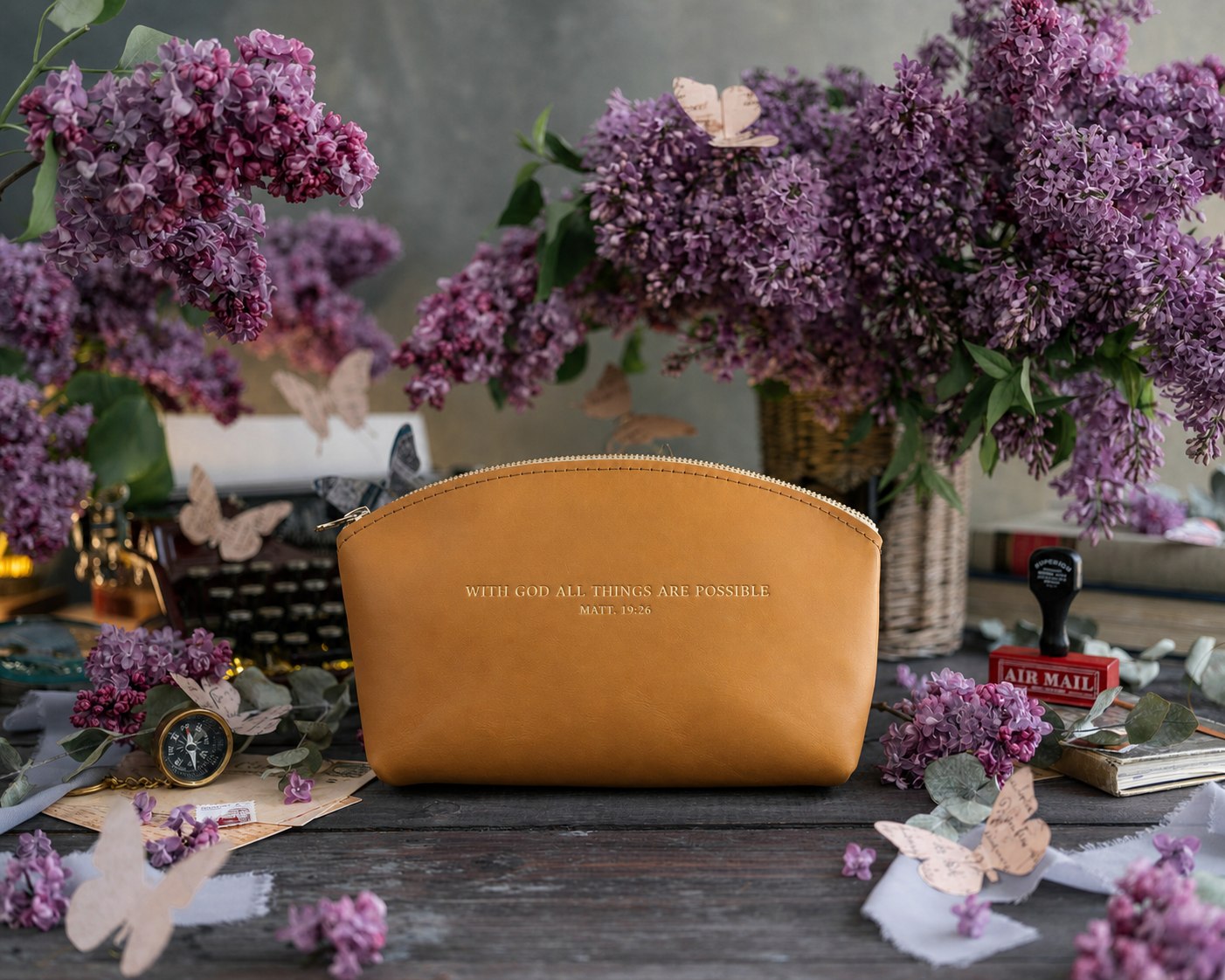 With God All Things Are Possible Matt. 19:26 Indian Summer full-grain leather makeup bag, Christian scripture gift
