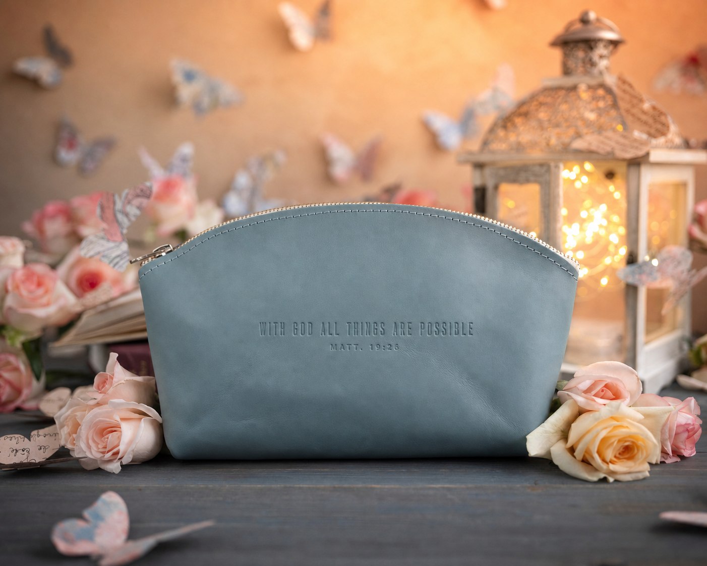 With God All Things Are Possible Matt. 19:26 Turquoise full-grain leather makeup bag, Christian scripture gift