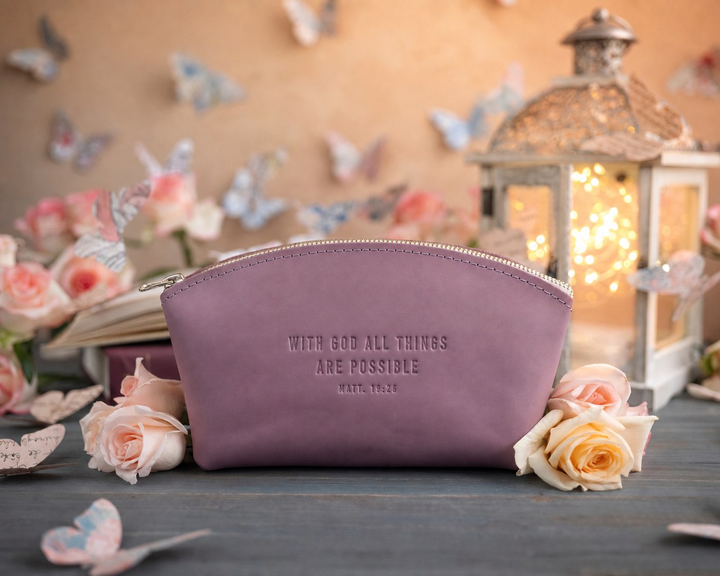 With God All Things Are Possible Matt. 19:26 full-grain leather makeup bag, Christian scripture gift