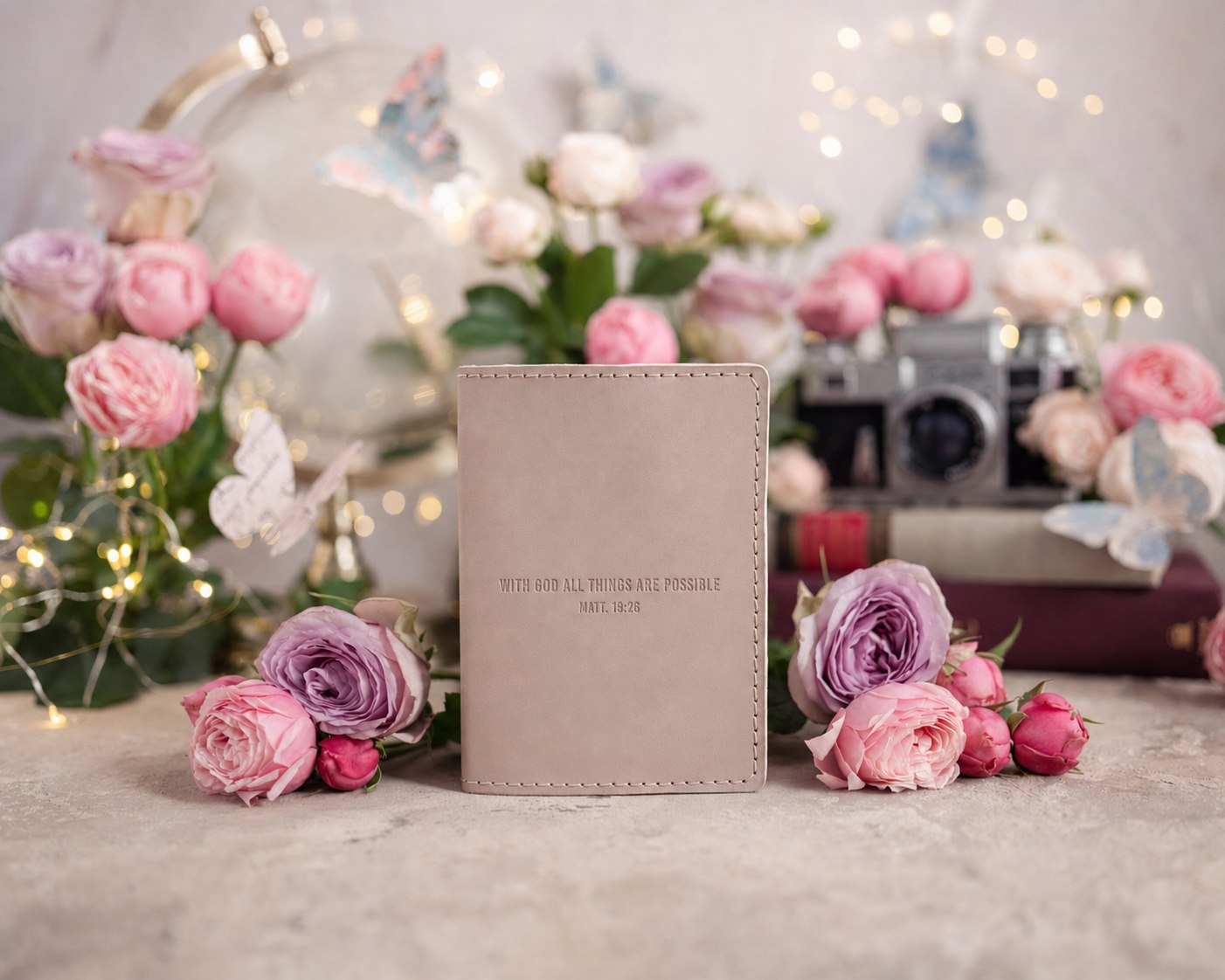 With God All Things Are Possible Matt. 19:26 Gray Sand full-grain leather passport cover, Christian scripture gift