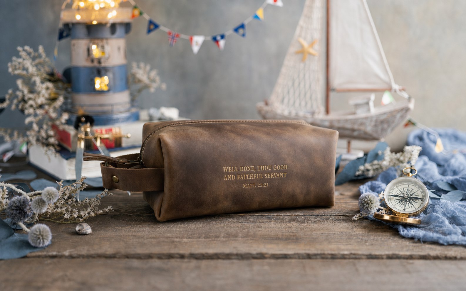 Well Done, Thou Good And Faithful Servant Matthew 25:21 Sicilian Brown full-grain leather dopp kit, Christian scripture gift
