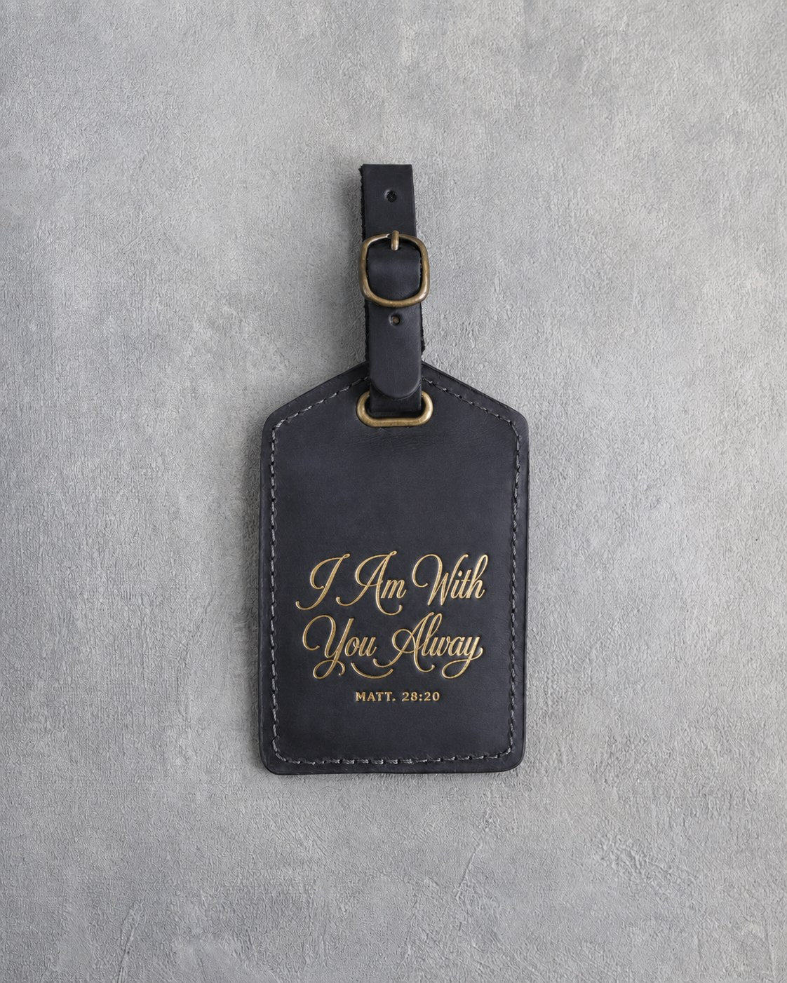 I Am With You Alway Matt. 28:20 Black full-grain leather luggage tag, Christian scripture gift