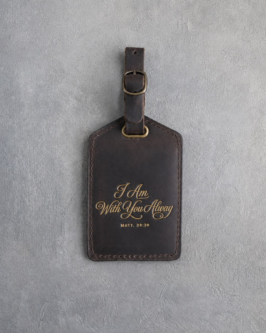 I Am With You Alway Matt. 28:20 Dark Espresso full-grain leather luggage tag, Christian scripture gift
