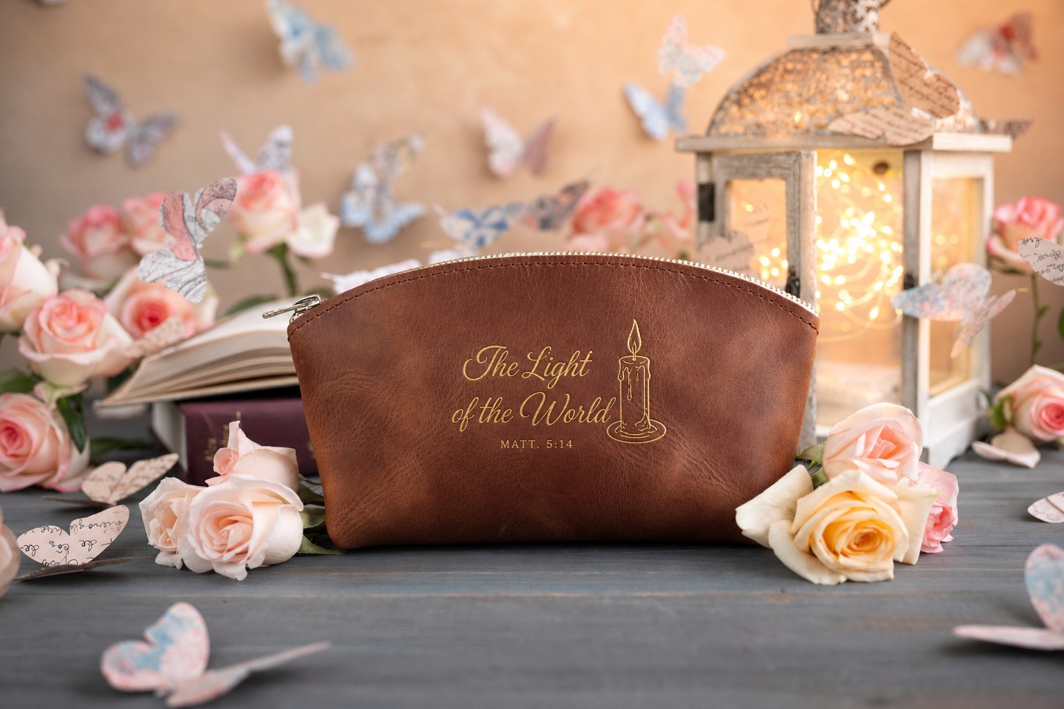 The Light Of The World Matt. 5:14 Arizona full-grain leather makeup bag, Christian scripture gift