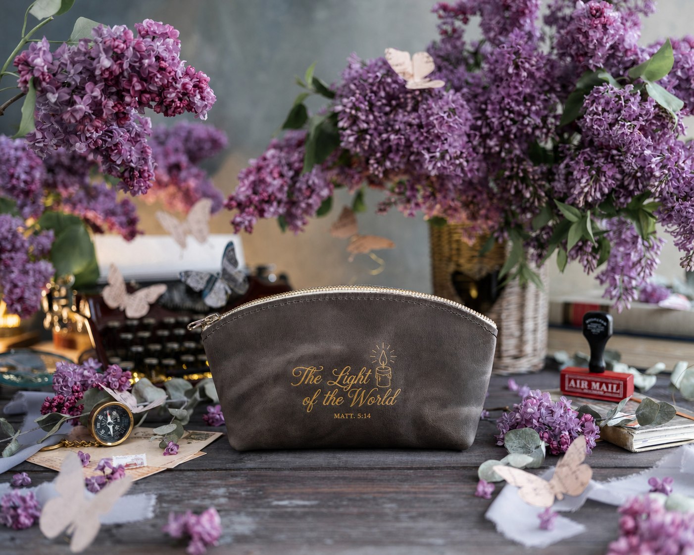 The Light Of The World Matt. 5:14 Country Gray full-grain leather makeup bag, Christian scripture gift