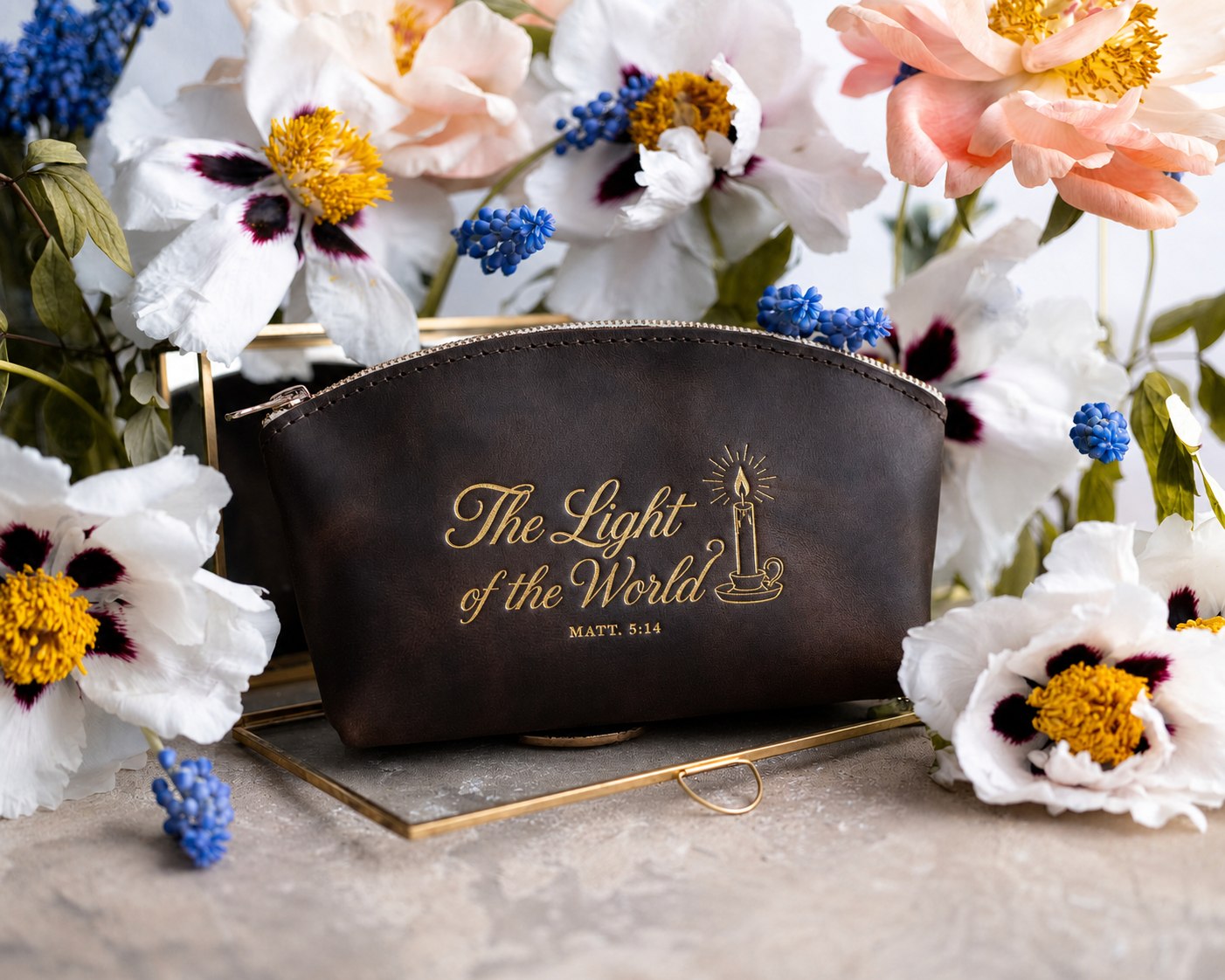 The Light Of The World Matt. 5:14 full-grain leather makeup bag, Christian scripture gift