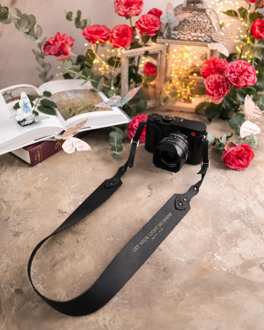 Let Your Light So Shine Matthew 5:16 Black full-grain leather camera strap, Christian scripture gift