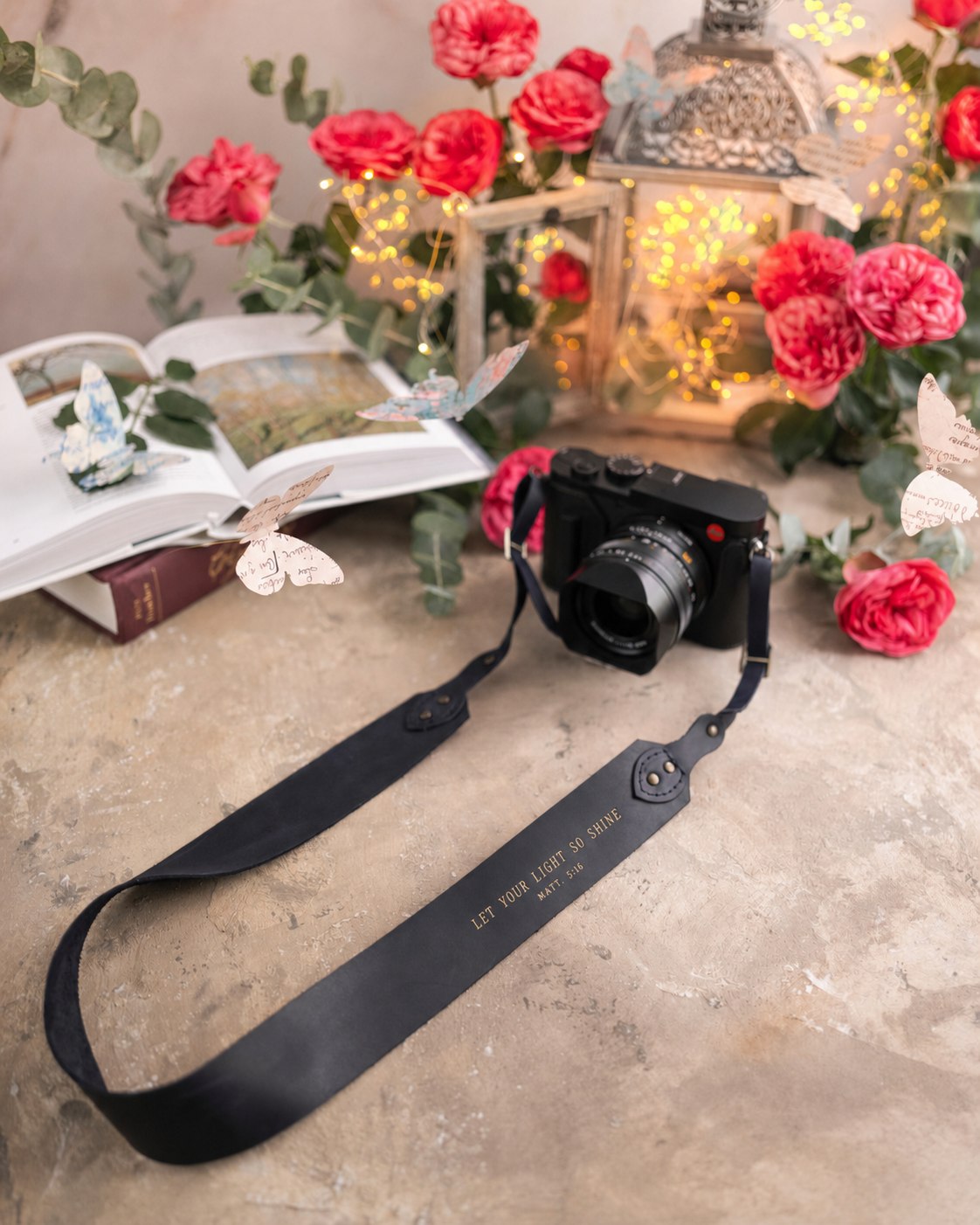 Let Your Light So Shine Matthew 5:16 Blueberry full-grain leather camera strap, Christian scripture gift