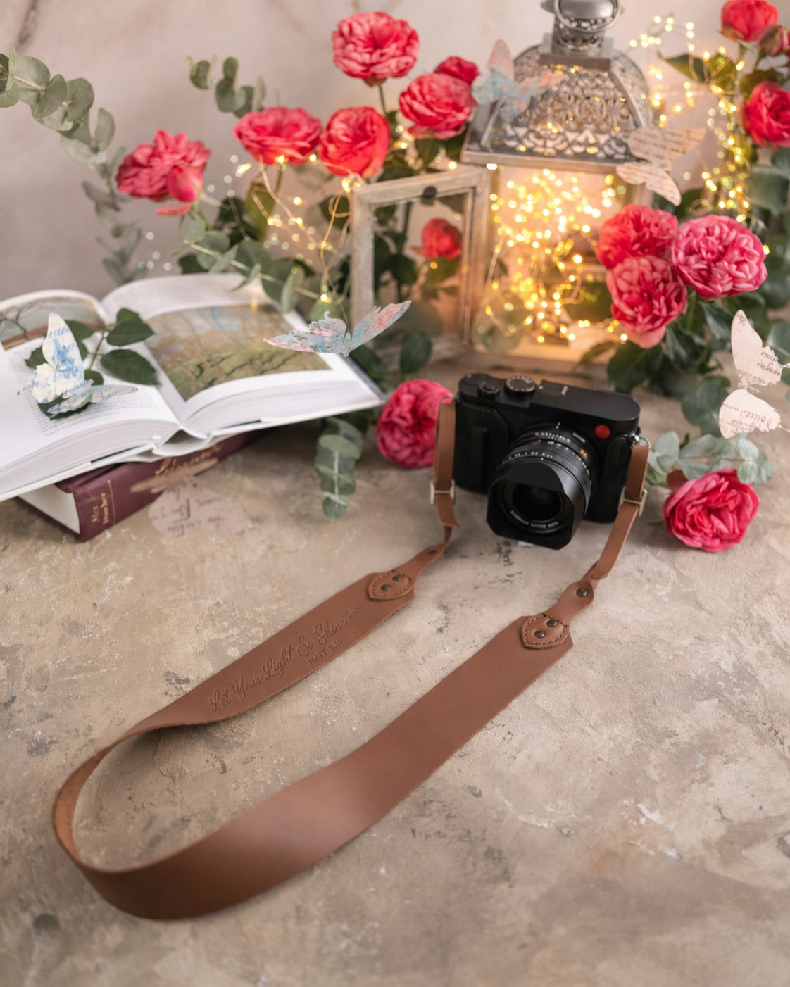 Let Your Light So Shine Matthew 5:16 Caramel full-grain leather camera strap, Christian scripture gift