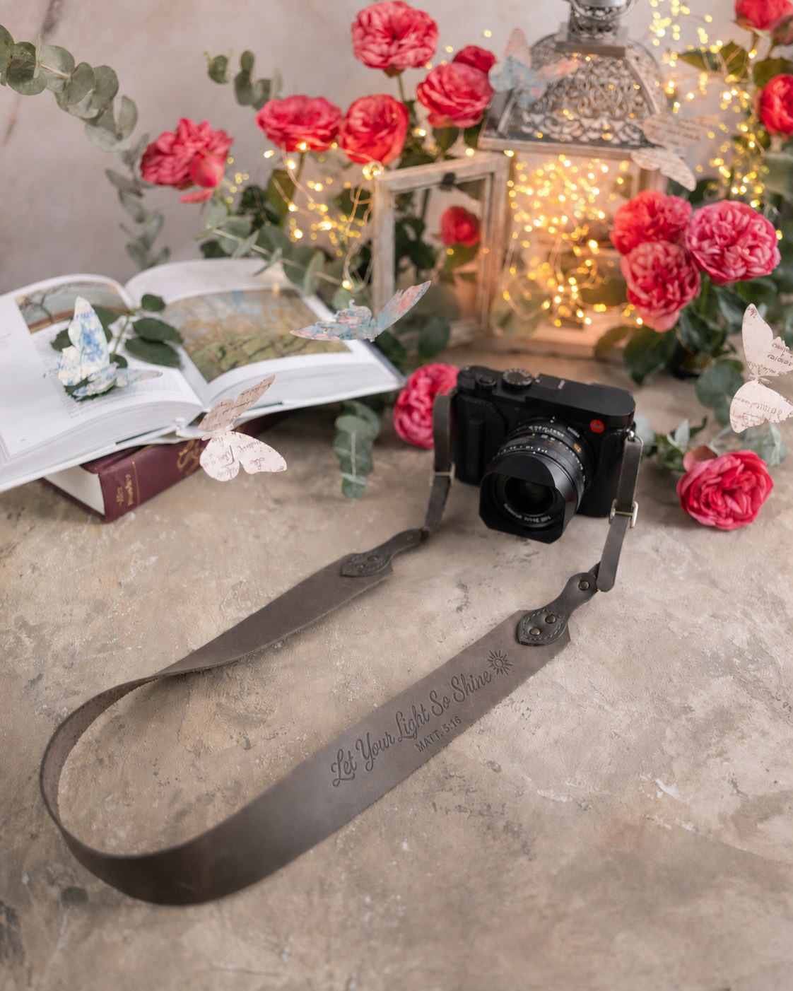 Let Your Light So Shine Matthew 5:16 Country Gray full-grain leather camera strap, Christian scripture gift
