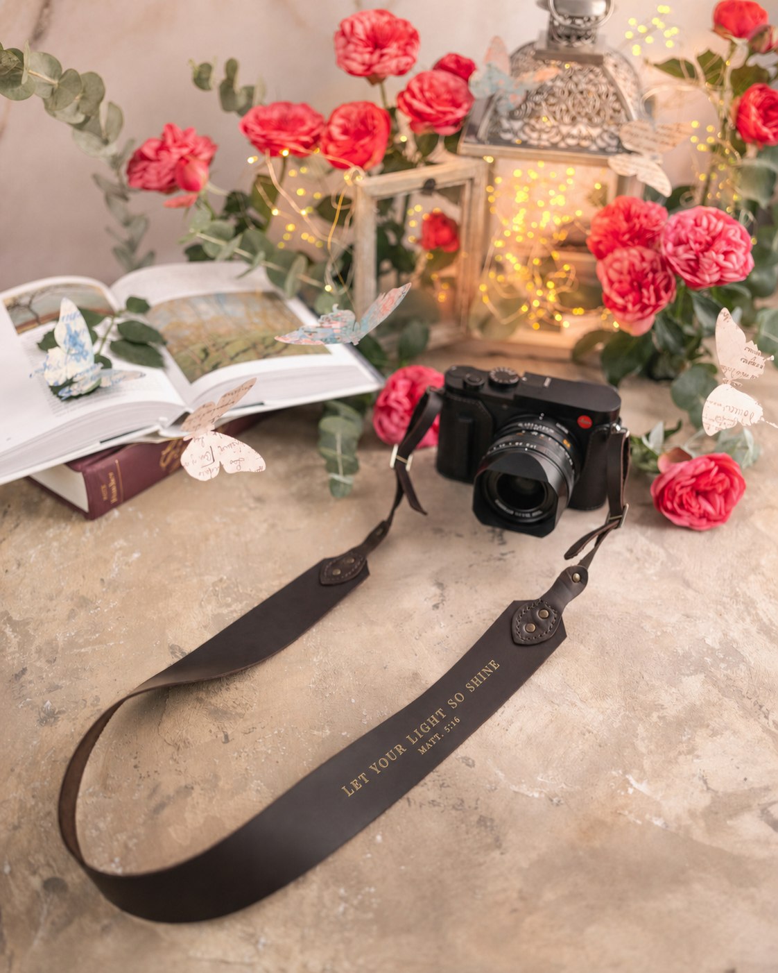 Let Your Light So Shine Matthew 5:16 Dark Espresso full-grain leather camera strap, Christian scripture gift