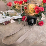 Let Your Light So Shine Matthew 5:16 Gray Sand full-grain leather camera strap, Christian scripture gift
