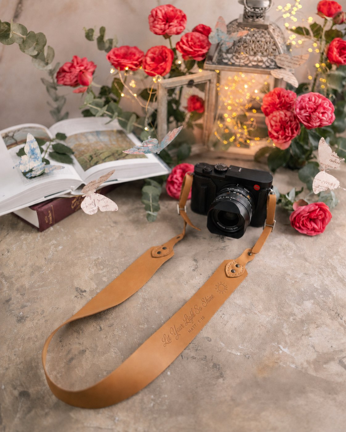 Let Your Light So Shine Matthew 5:16 Indian Summer full-grain leather camera strap, Christian scripture gift