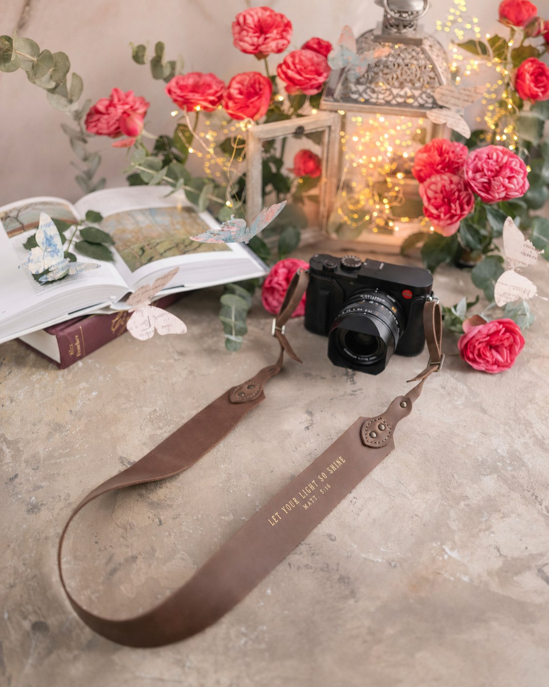 Let Your Light So Shine Matthew 5:16 Sicilian Brown full-grain leather camera strap, Christian scripture gift