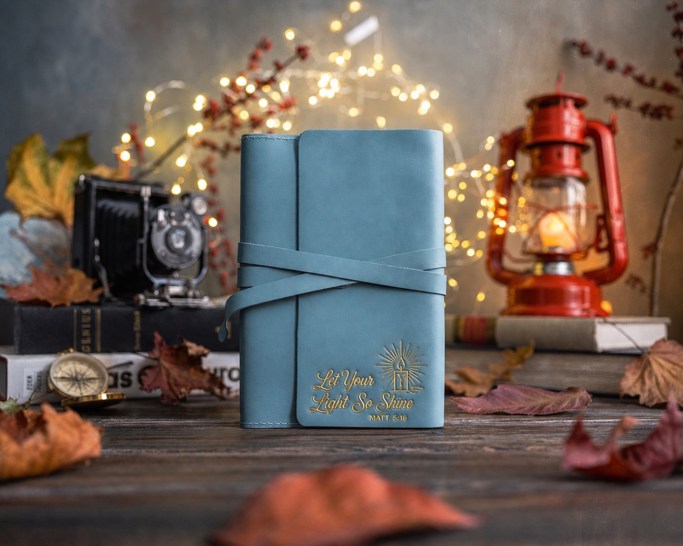 Let Your Light So Shine Matt. 5:16 Turquoise handcrafted leather journal, Christian scripture gift