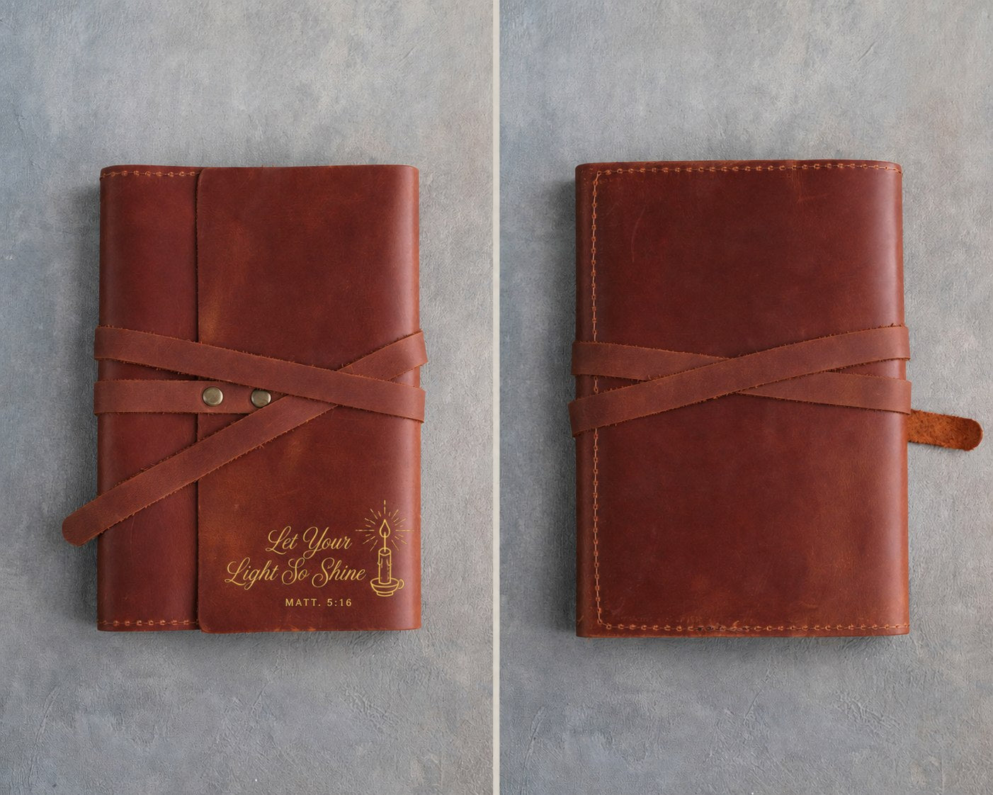 Let Your Light So Shine Matt. 5:16 handcrafted leather journal, Christian scripture gift