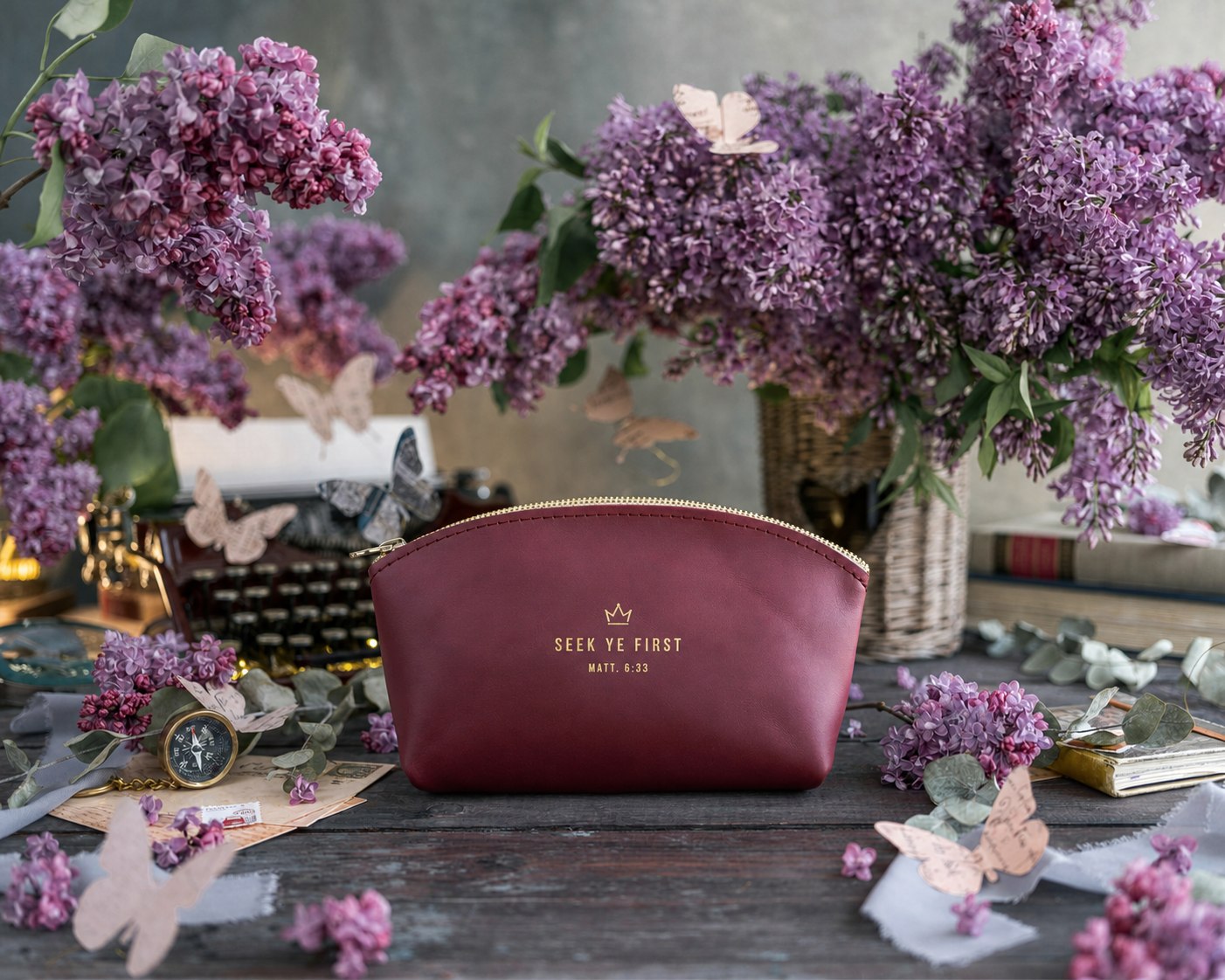 Seek Ye First Matt. 6:33 full-grain leather makeup bag, Christian scripture gift