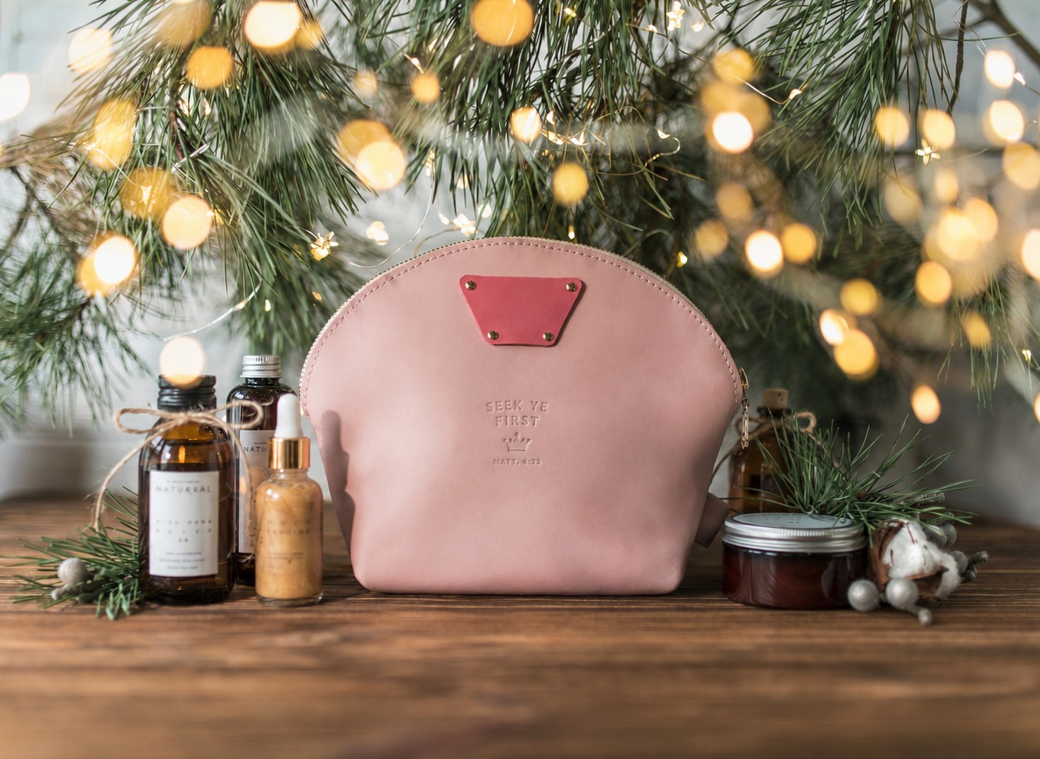 Seek Ye First Matt. 6:33 full-grain leather makeup bag, Christian scripture gift