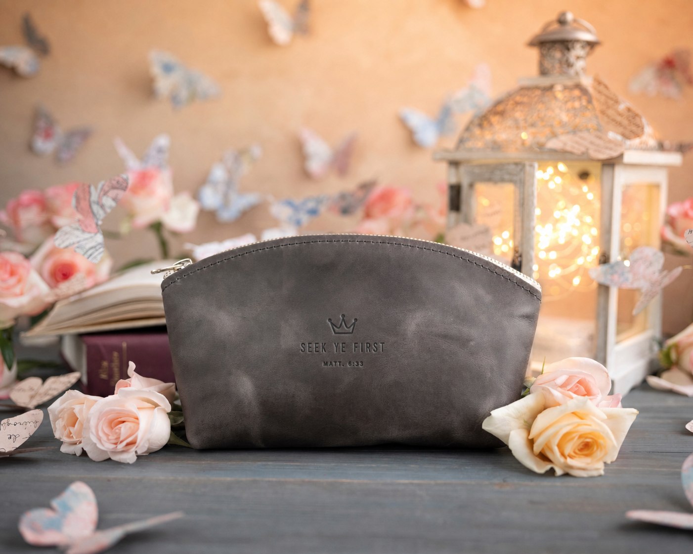 Seek Ye First Matt. 6:33 full-grain leather makeup bag, Christian scripture gift