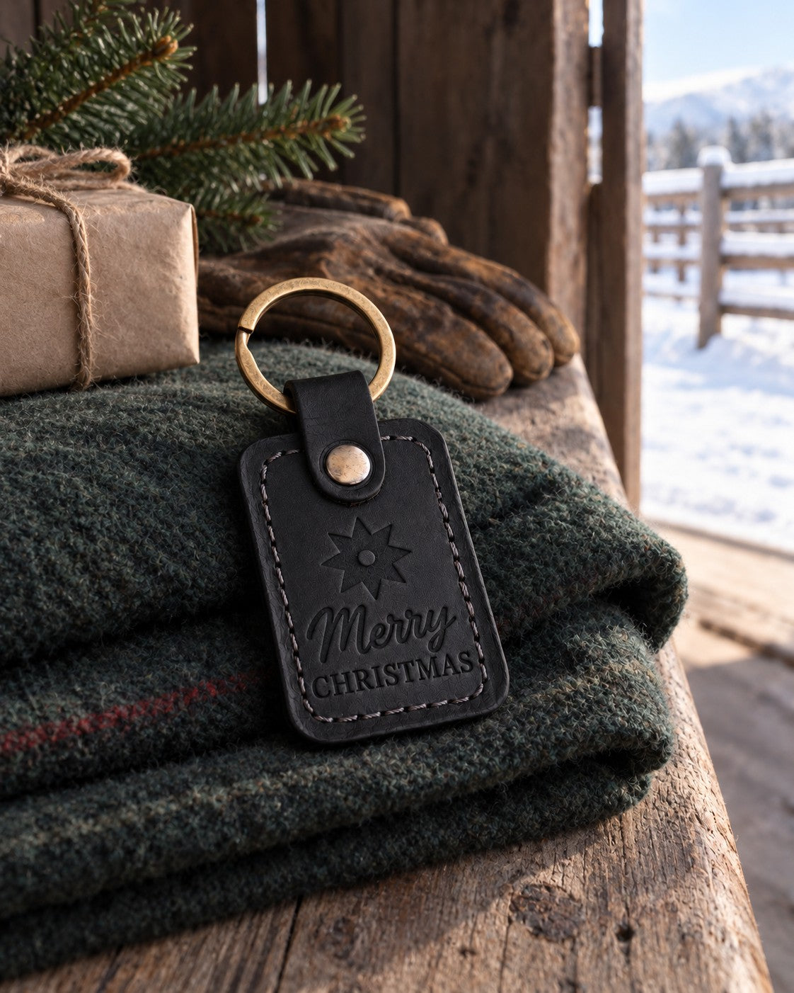 Black Merry CHRISTMAS keychain with a gold rowel on a folded green wool blanket inside a barn door, snow on the corral rails outside