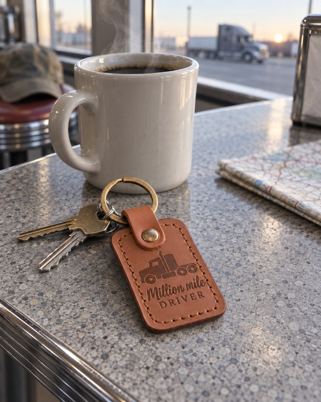 Caramel Million mile DRIVER keychain on a ring of keys resting on a logbook in a truck cab