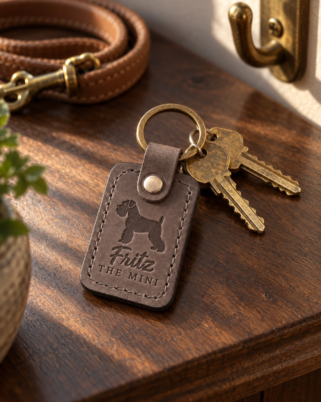 Country gray Fritz the Schnauzer keychain held in a warm everyday setting