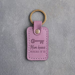 Lilac leather keychain debossed with an old house key below Mom knows and WHERE IT IS
