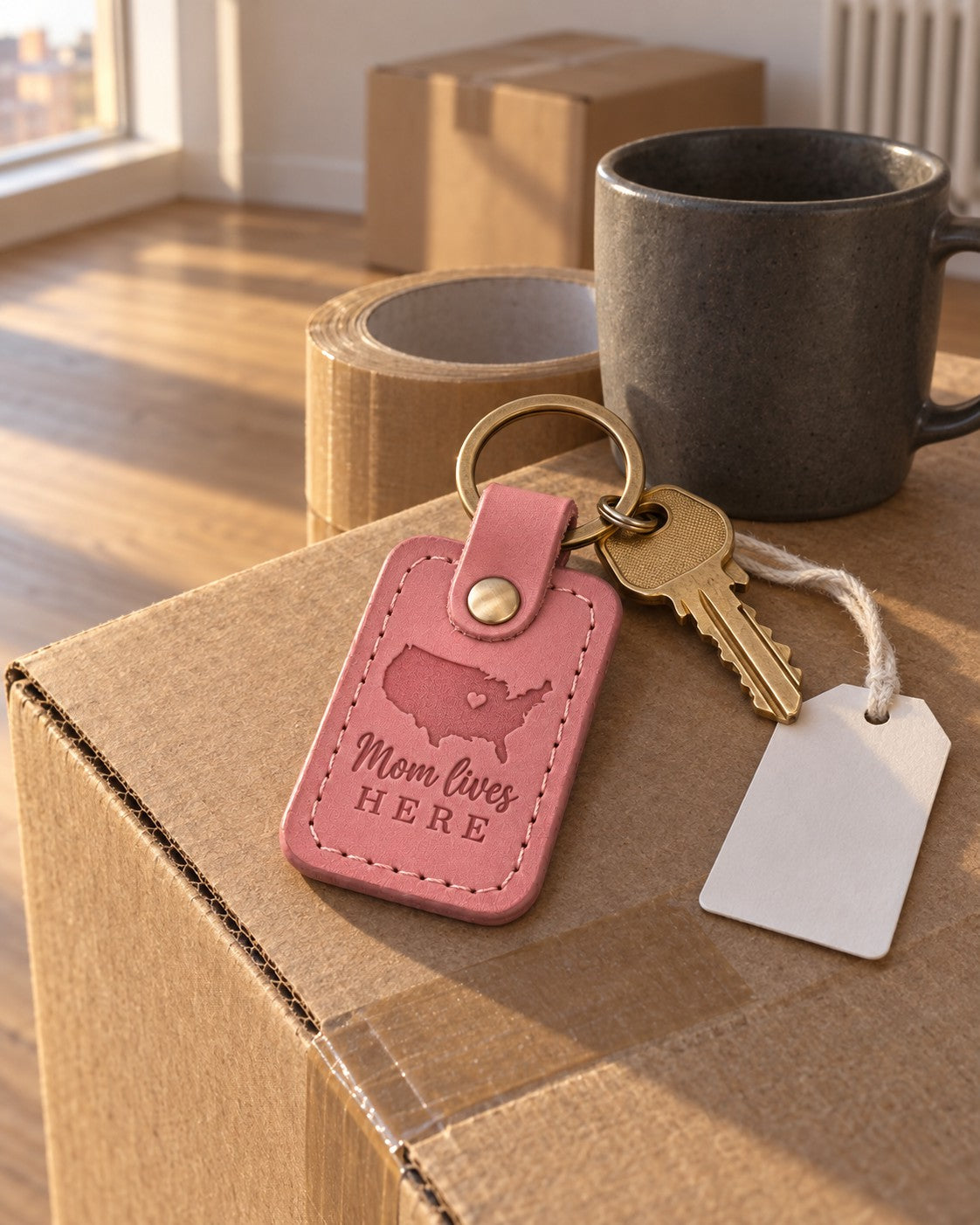 Pink Mom Lives Here keychain on a kitchen key hook beside a framed family photo