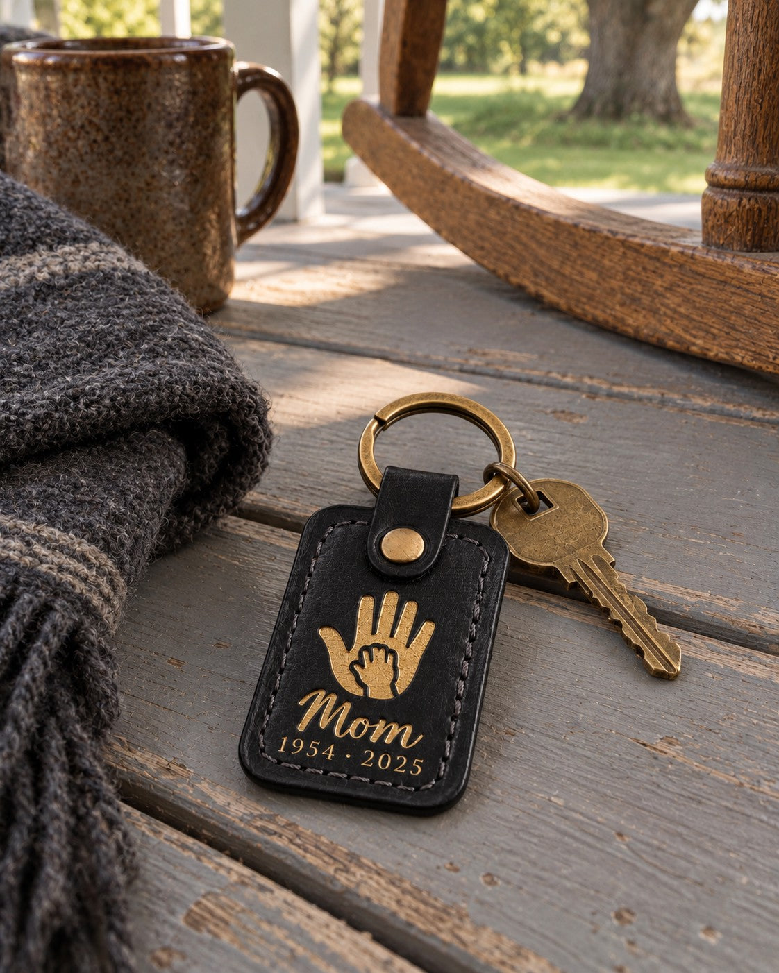 Black Mom memorial keychain with gold lettering resting on a folded handwritten recipe card