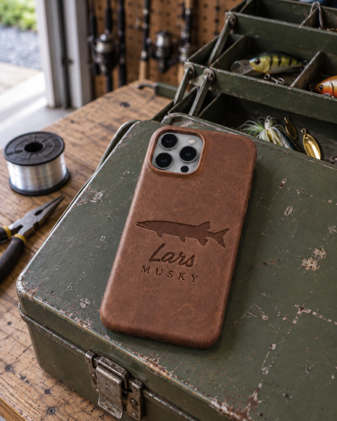 Sicilian Brown Lars MUSKY iPhone case in full-grain leather on the lid of an olive-green steel tackle box in a garage, lures in the trays behind