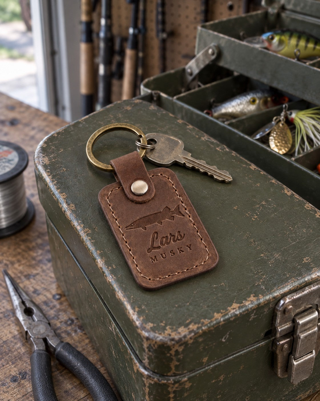 Sicilian Brown Lars MUSKY keychain in full-grain leather on the lid of an olive-green steel tackle box in a garage, lures in the trays behind