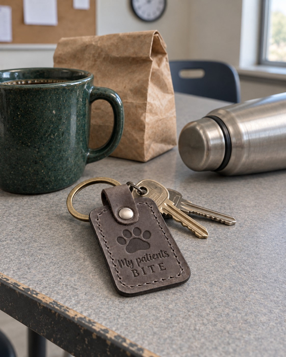 My Patients Bite keychain in gray leather on scrub pocket keys beside a coiled leash in a veterinary clinic