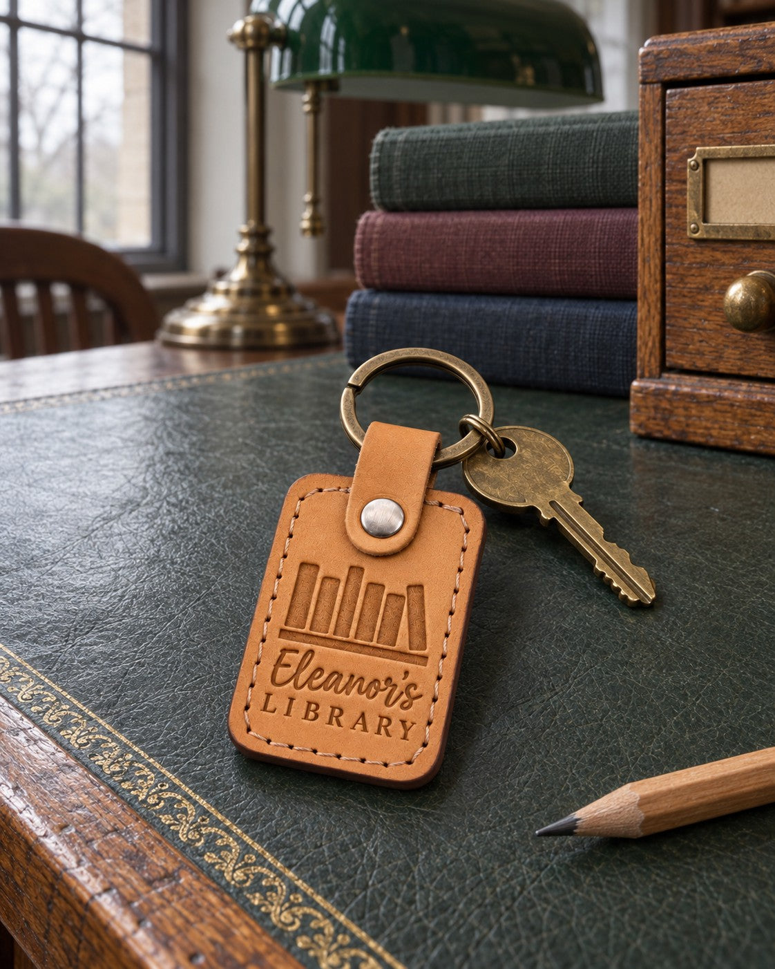 Tan Eleanor's LIBRARY keychain hanging from a key in the lock of a glass-fronted bookcase