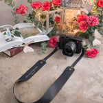 The Joy Of The Lord Nehemiah 8:10 Blueberry full-grain leather camera strap, Christian scripture gift
