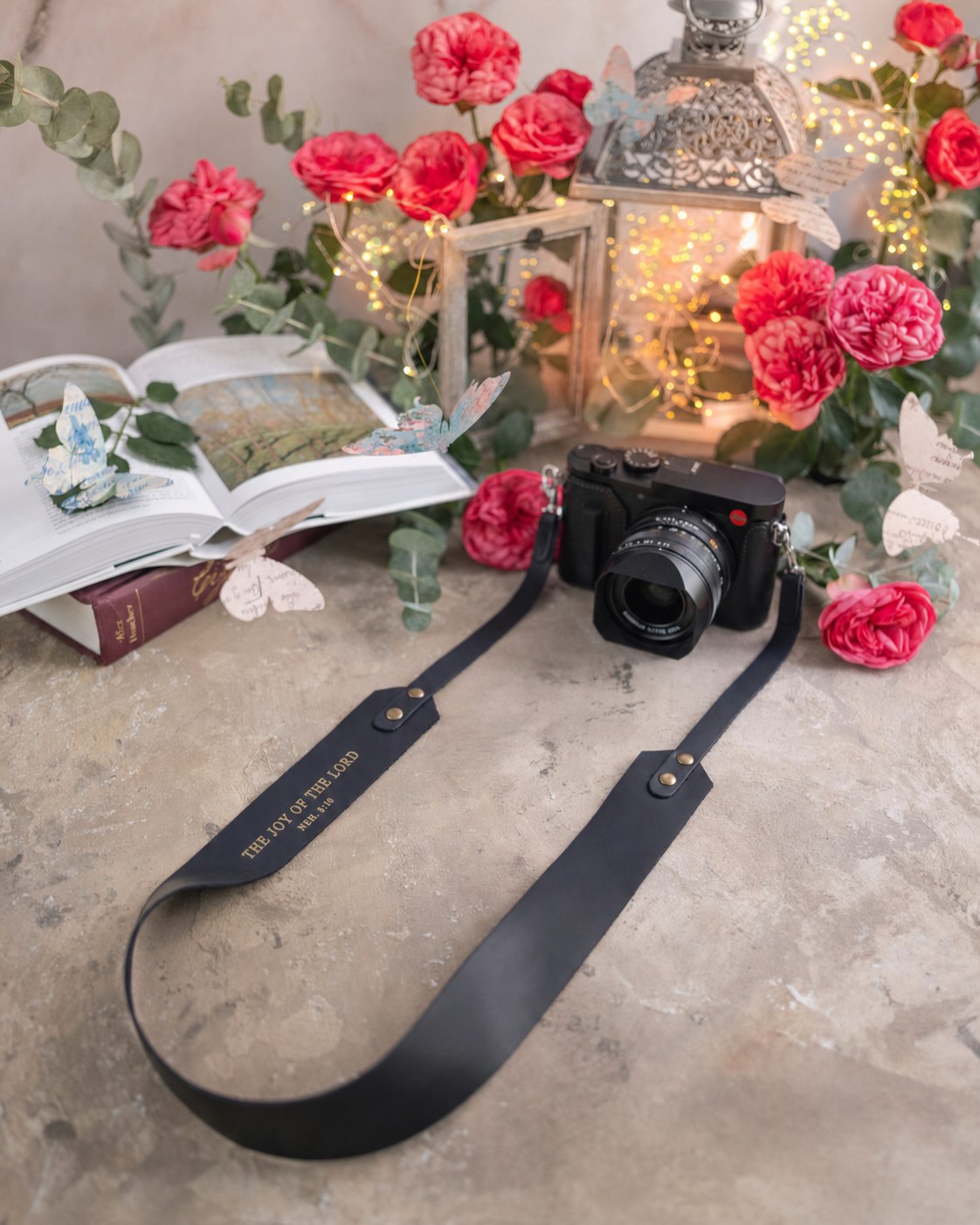 The Joy Of The Lord Nehemiah 8:10 Blueberry full-grain leather camera strap, Christian scripture gift