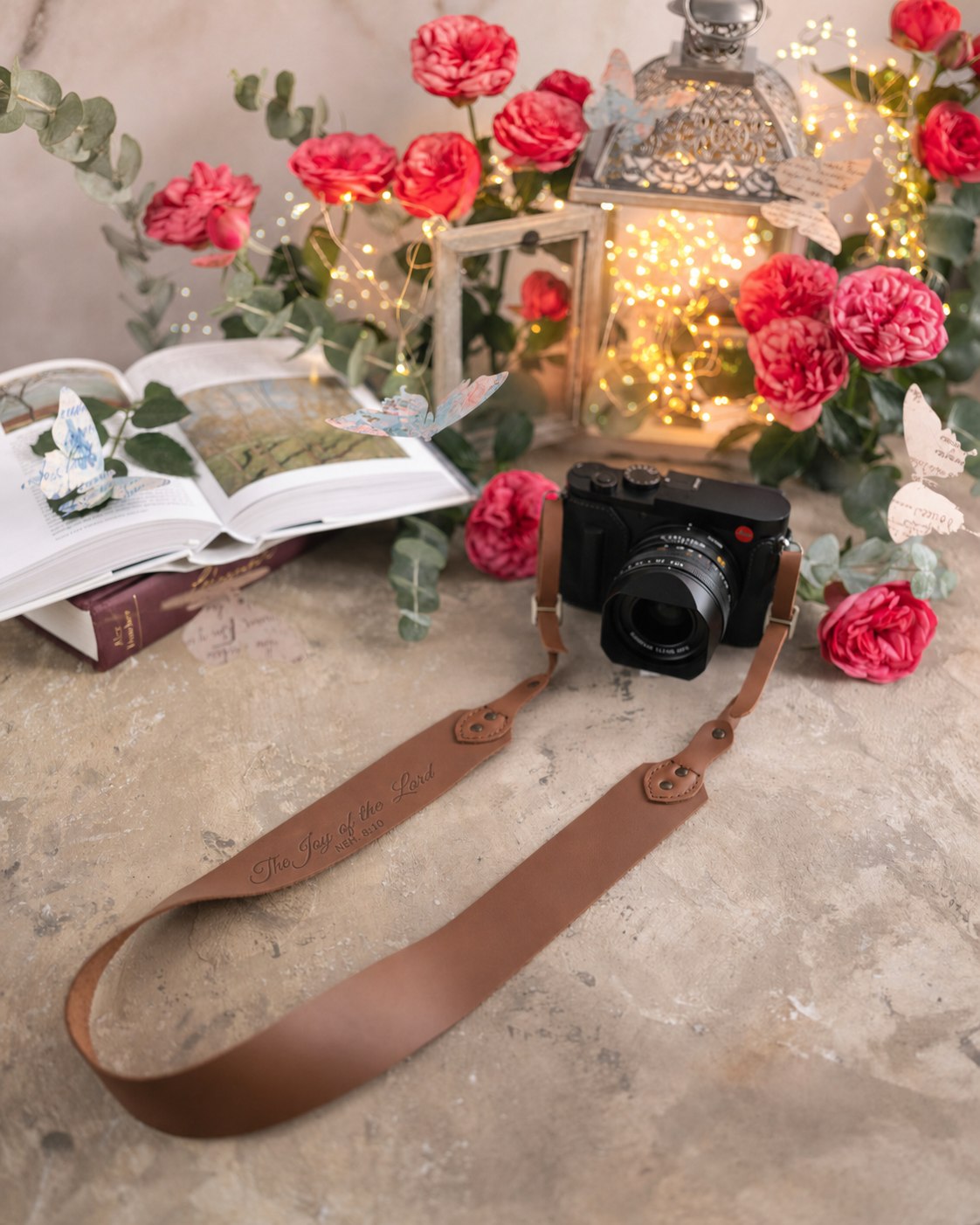 The Joy Of The Lord Nehemiah 8:10 Caramel full-grain leather camera strap, Christian scripture gift