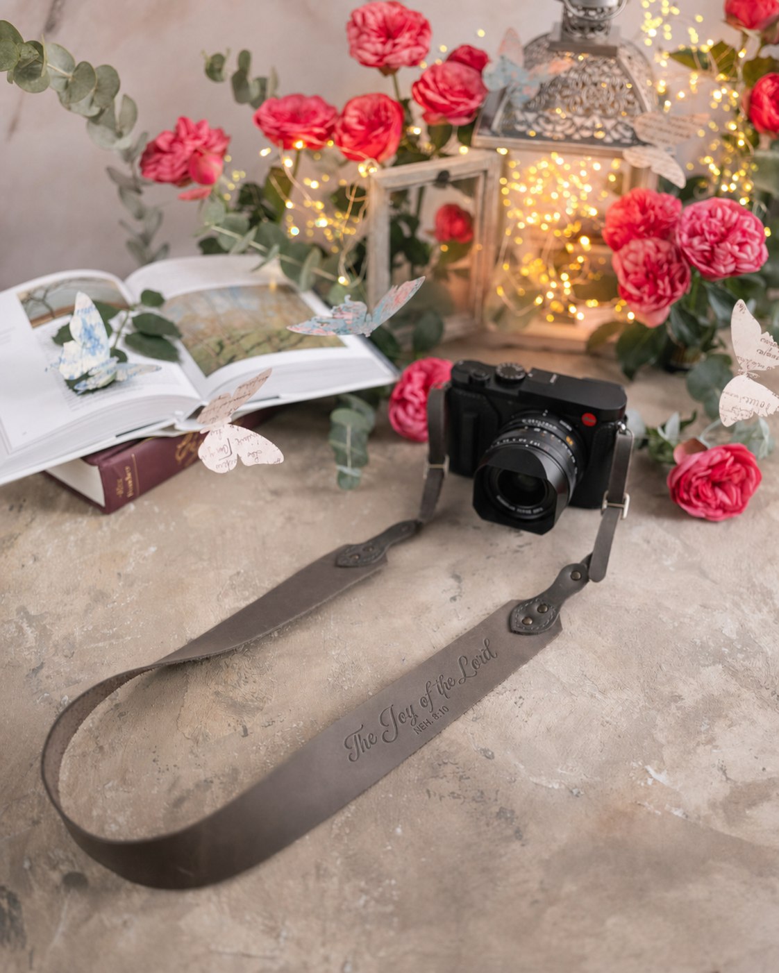The Joy Of The Lord Nehemiah 8:10 Country Gray full-grain leather camera strap, Christian scripture gift